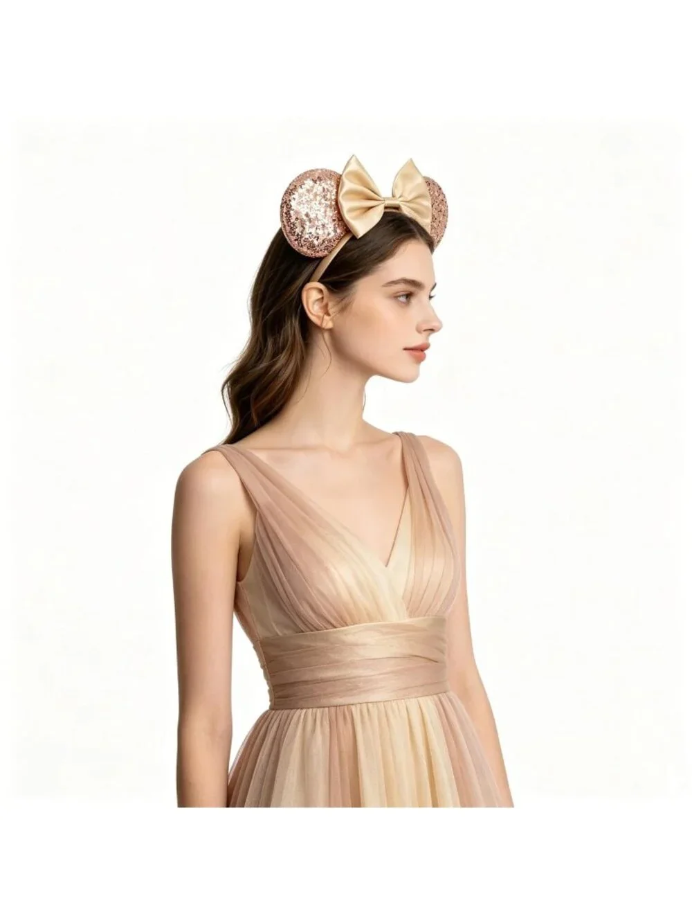 Women Cream Polyester Sparkle Sequins Mickey Mouse Hair Bow Handmade Headband